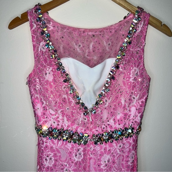 Vienna Prom Pink w/Crystals Vienna 1034 Size 0 Long Lace Prom Dress Pageant Gown - Picture 5 of 16
